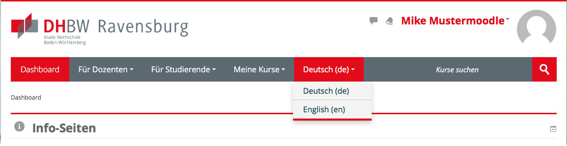 Moodle DHBW Ravensburg Dashboard Sprachauswahl