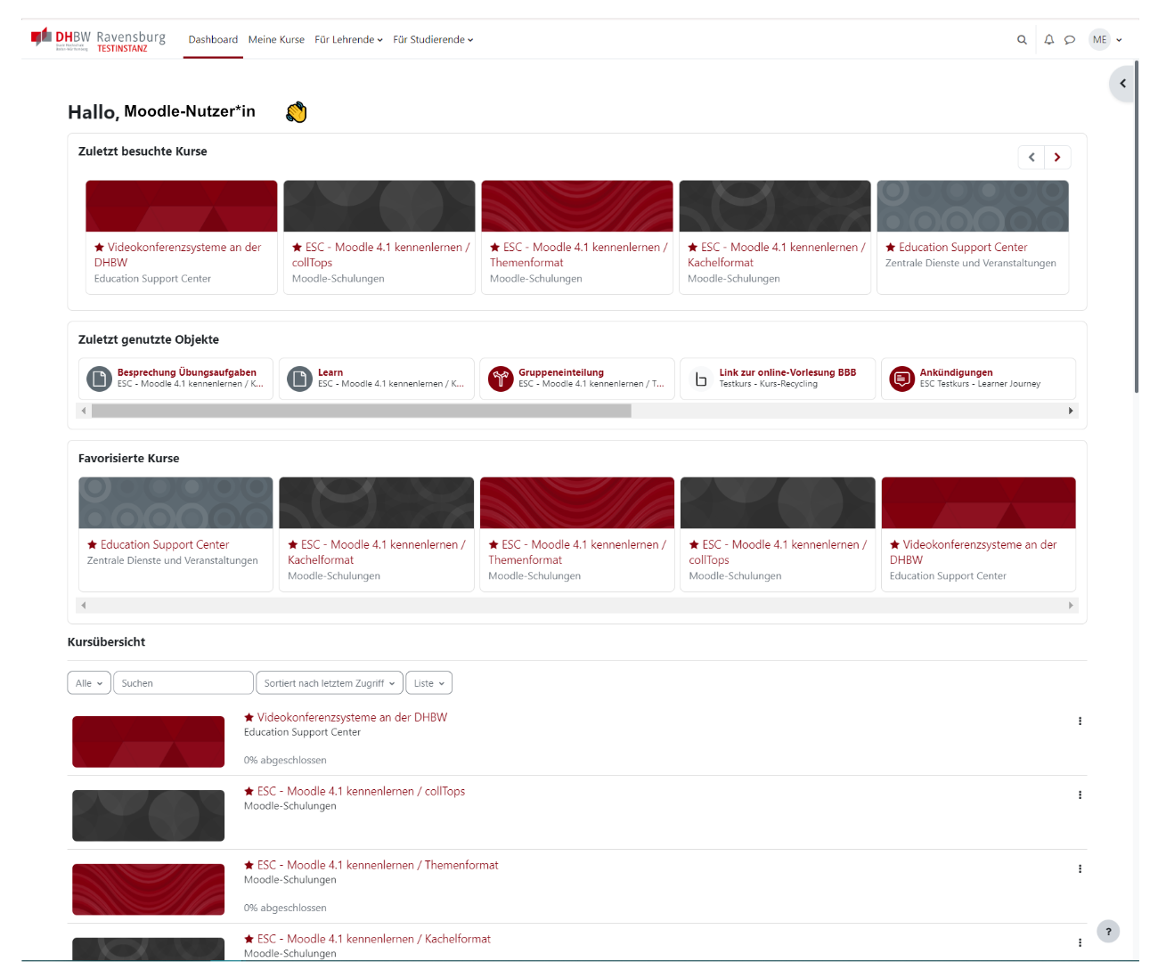 Moodle DHBW Ravensburg Dashboard