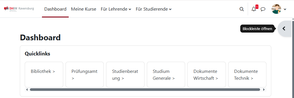 Moodle DHBW Ravensburg Dashboard Blocknavigation