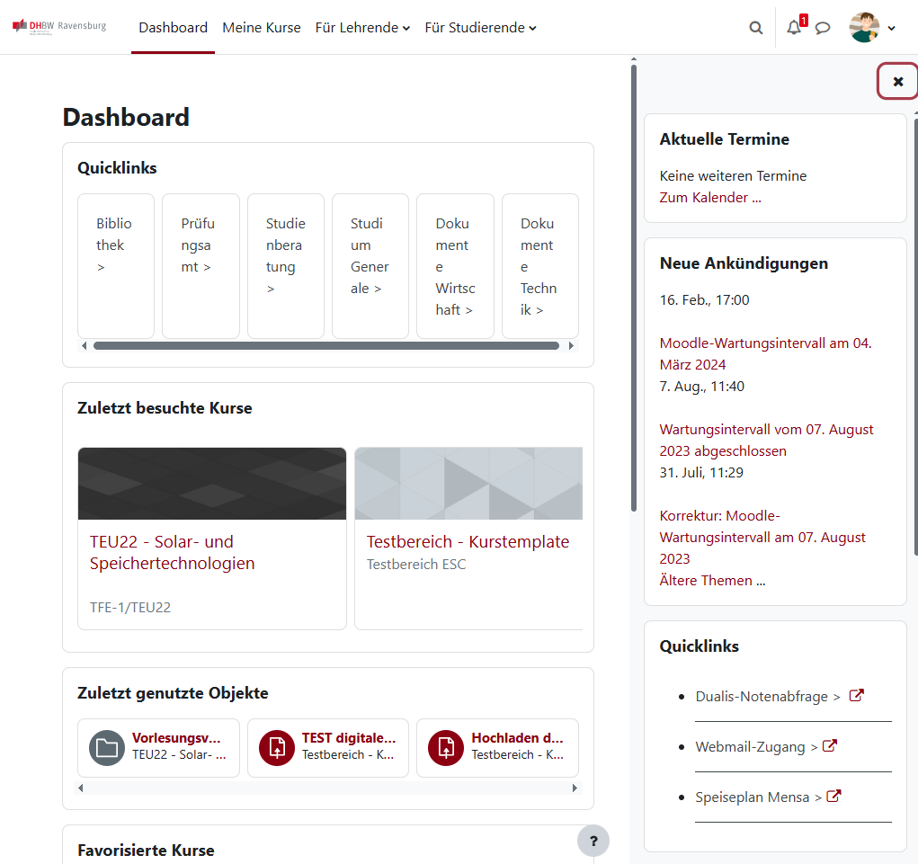 geöffnete Blocknavigation in Moodle