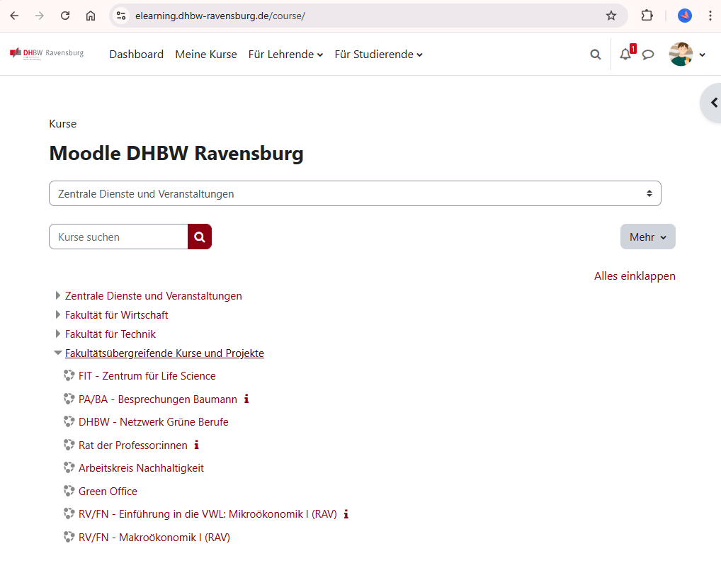 Moodle DHBW Ravensburg Dashboard Kursbereichsuebersicht