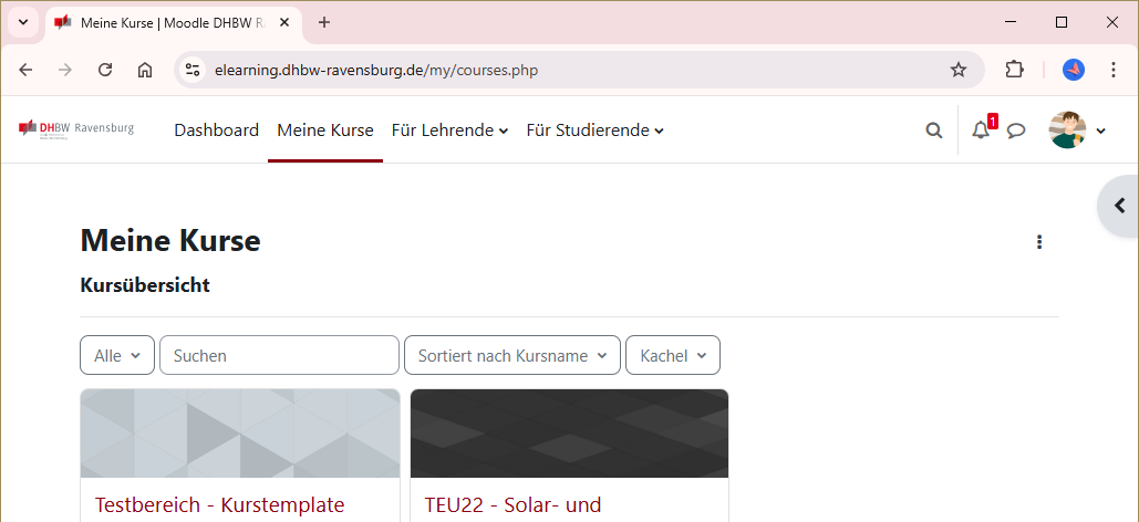 Moodle DHBW Ravensburg Dashboard Kursmenue