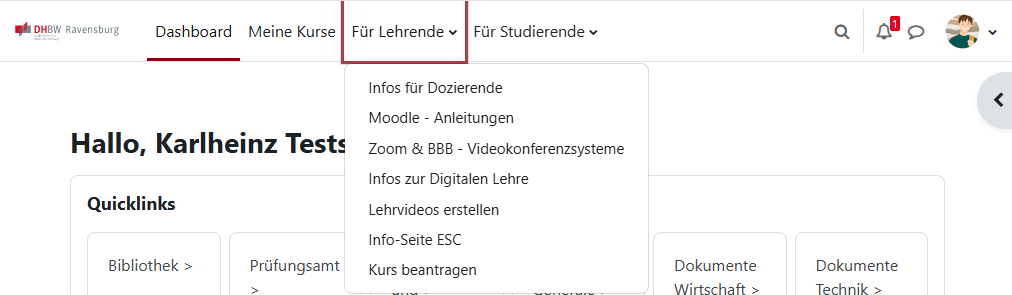 Moodle DHBW Ravensburg Dashboard Dozentenmenue