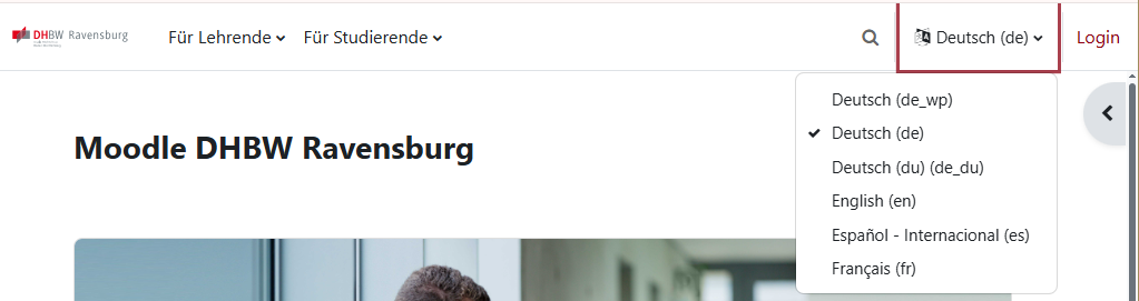 Moodle Sprachwahl auf der Startseite